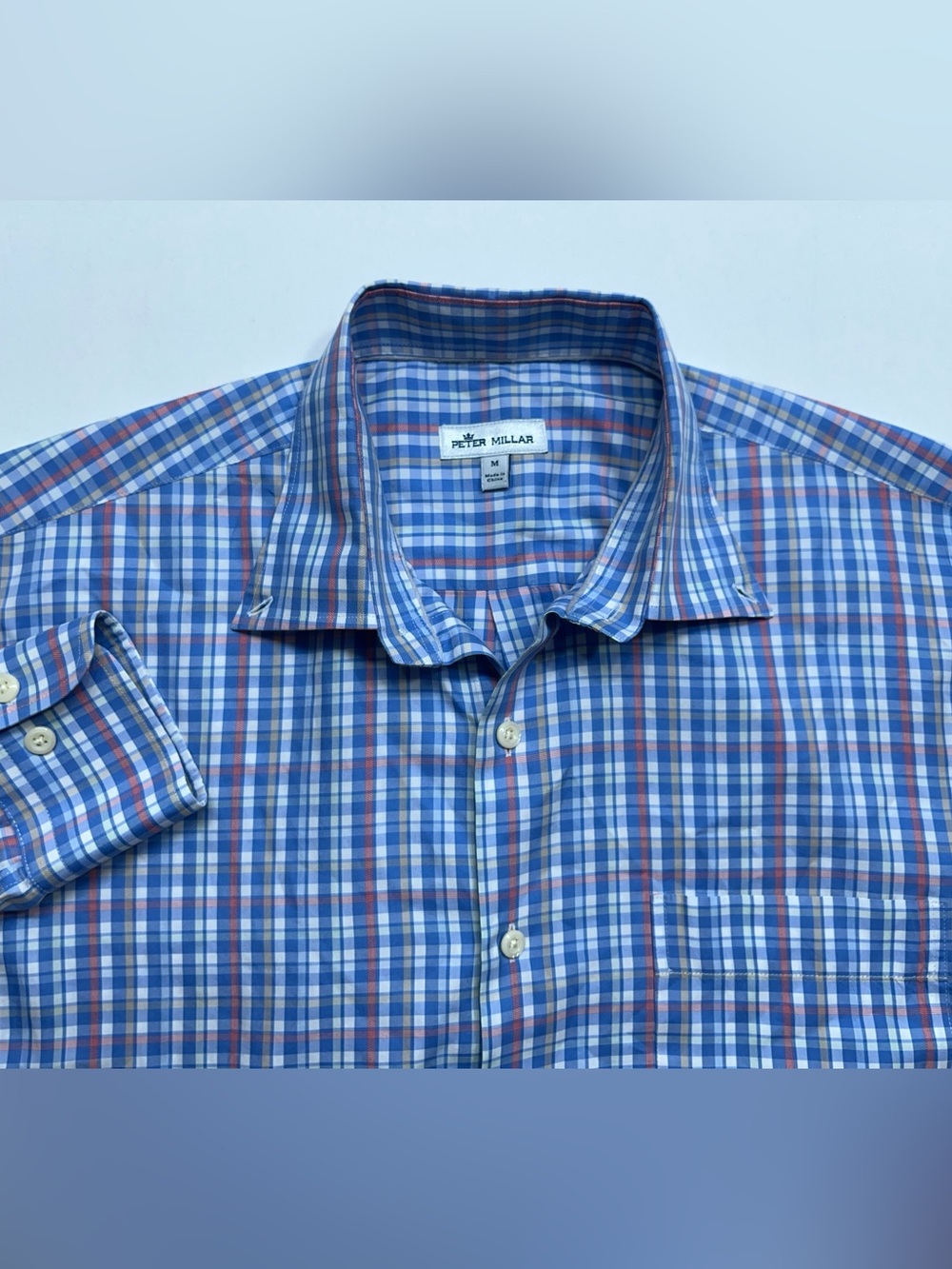 Peter Millar Button Down Shirt Mens Size Medium Long Sleeve Blue Plaid Pocket